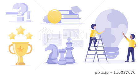 Business ideas collection set. Business people work together to assemble jigsaw puzzle, brainstorming, learning, creativity, thinking, planning and searching to achieve success. Vector illustration. Business ideas collection set. Business people work together to assemble jigsaw puzzle, brainstorming, learning, creativity, thinking, planning and searching to achieve success. Vector illustration. 110027670