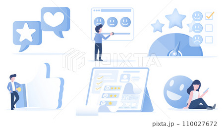 Customer satisfaction and respond collection set. Customer review, feedback, loyalty program, complaint, comment, star rating, questionnaire, positive and negative thinking. Flat vector illustration. 110027672
