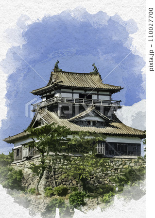 水彩画風　丸岡城　天守閣　福井県坂井市 110027700