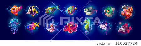 Tropical sea fishes and creatures color vector icons Tropical sea fishes and creatures color vector icons 110027724