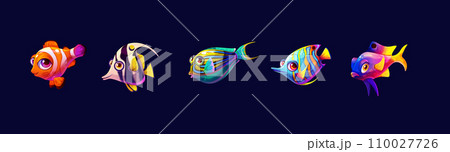 Tropical sea fishes and creatures color vector icons 110027726