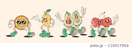 Walking exotic fruits and cherries characters retro cartoon 110027908
