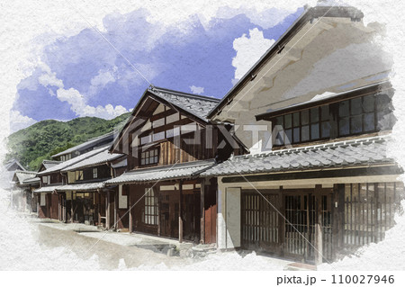 水彩画風　熊川宿　下ノ町の町並み　福井県若狭町 110027946