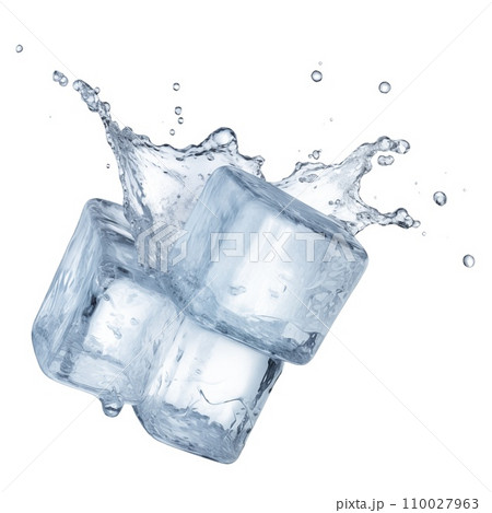 AI-generated content. Ice cubes on a transparent background. Ice cubes melt and water scatters from them in different directions. The concept of preparing an alcoholic cocktail, or seasoning for 110027963