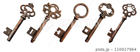 AI-generated content. An set of different keys made of copper and rusty is cut out on a transparent background close-up. Keys for opening the different front doors of the house. To be inserted into a 110027964