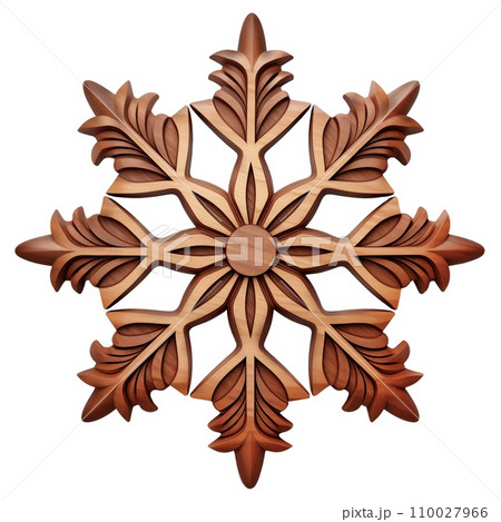 AI-generated content. Wooden snowflake cut out on a white or transparent background. Christmas and New Year concept. A design element to be inserted into a design or project. 110027966