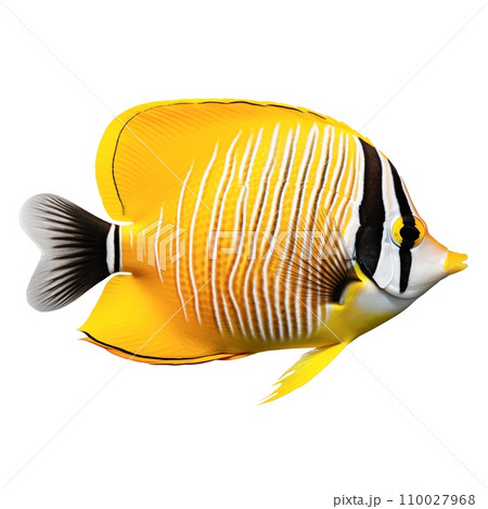 AI-generated content. Multicolored aquarium fish on a transparent background, side view. The Butterflyfish, an white and yellow saltwater aquarium fish, isolated on a white background, a design 110027968