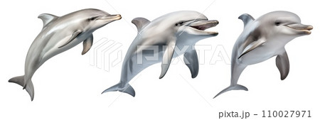 AI-generated content. Set of swimming dolphins is cut out on a transparent background. Dolphins swims on a white background. Dolphin design element for insertion into aquarium design. 110027971
