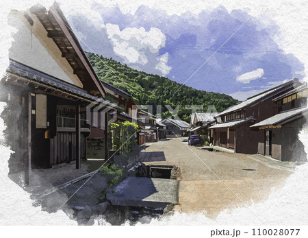 水彩画風　熊川宿　上ノ町の町並み　福井県若狭町 110028077