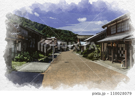 水彩画風 熊川宿 上ノ町の町並み 福井県若狭町 水彩画風 熊川宿 上ノ町の町並み 福井県若狭町 110028079