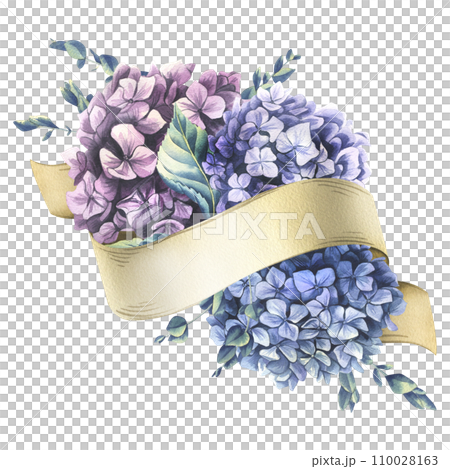 Paper ribbon scroll with blue, pink, purple hydrangea eucalyptus flowers. Hand drawn watercolor illustration. Template, frame on a white background. 110028163
