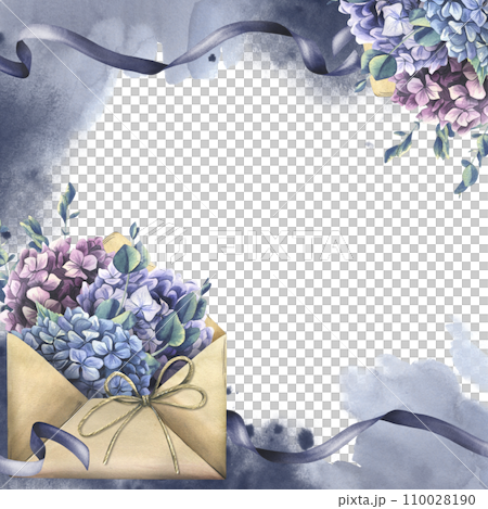 Craft envelope with hydrangea and eucalyptus flowers, ribbons, stains and splashes. Hand drawn watercolor illustration. Frame, square template for text on a white background. 110028190