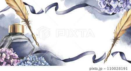 Inkwell with blue ink, gold pen, hydrangea flowers, ribbons, blots and splashes. Hand drawn watercolor illustration. Frame, horizontal template for text on a white background. Inkwell with blue ink, gold pen, hydrangea flowers, ribbons, blots and splashes. Hand drawn watercolor illustration. Frame, horizontal template for text on a white background. 110028191