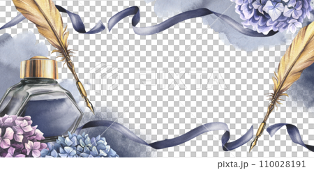 Inkwell with blue ink, gold pen, hydrangea flowers, ribbons, blots and splashes. Hand drawn watercolor illustration. Frame, horizontal template for text on a white background. Inkwell with blue ink, gold pen, hydrangea flowers, ribbons, blots and splashes. Hand drawn watercolor illustration. Frame, horizontal template for text on a white background. 110028191