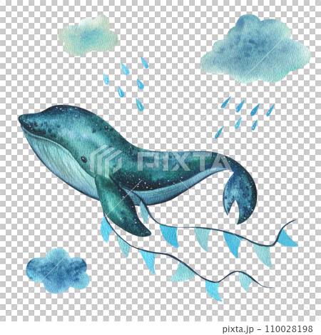 A baby whale swims on the sea and flies in the sky with garlands of flags among the clouds and raindrops. Hand drawn children's watercolor illustration. Set of isolated objects on a white background. 110028198