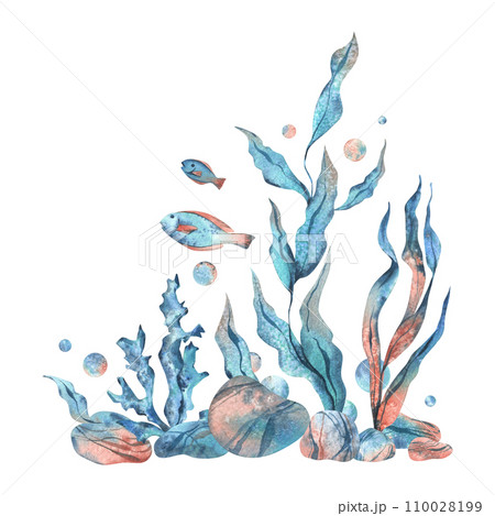 Underwater world clipart with sea animals fish, pebbles, bubbles, coral and algae. Hand drawn watercolor illustration. Isolated composition on a white background. 110028199