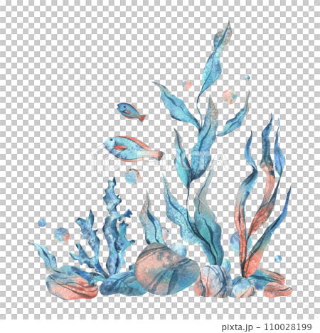 Underwater world clipart with sea animals fish, pebbles, bubbles, coral and algae. Hand drawn watercolor illustration. Isolated composition on a white background. 110028199