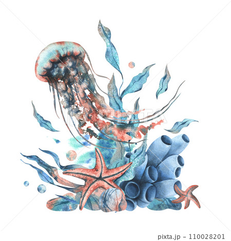 Underwater world clipart with sea animals jellyfish, starfish, pebbles, bubbles, coral, sponge and algae. Hand drawn watercolor illustration. Isolated composition on a white background. 110028201