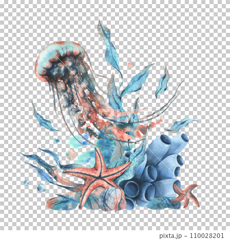 Underwater world clipart with sea animals jellyfish, starfish, pebbles, bubbles, coral, sponge and algae. Hand drawn watercolor illustration. Isolated composition on a white background. 110028201