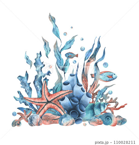 Underwater world clipart with sea animals starfish, fish, shells, coral and algae. Hand drawn watercolor illustration. Isolated composition on a white background. 110028211