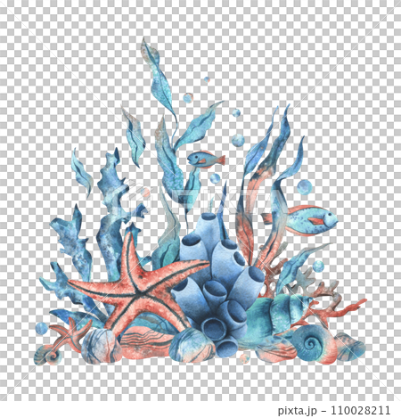 Underwater world clipart with sea animals starfish, fish, shells, coral and algae. Hand drawn watercolor illustration. Isolated composition on a white background. 110028211
