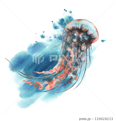 Underwater world clipart with sea animals jellyfish. Hand drawn watercolor illustration. Isolated composition on a white background. Underwater world clipart with sea animals jellyfish. Hand drawn watercolor illustration. Isolated composition on a white background. 110028213