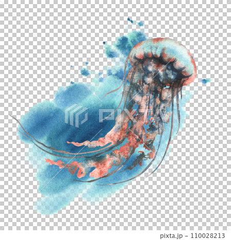 Underwater world clipart with sea animals jellyfish. Hand drawn watercolor illustration. Isolated composition on a white background. Underwater world clipart with sea animals jellyfish. Hand drawn watercolor illustration. Isolated composition on a white background. 110028213