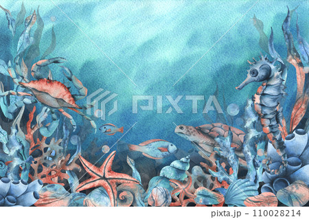 Underwater world clipart with sea animals whale, turtle, octopus, seahorse, starfish, shells, coral and algae. Hand drawn watercolor illustration. Set of isolated objects on a blue background. Underwater world clipart with sea animals whale, turtle, octopus, seahorse, starfish, shells, coral and algae. Hand drawn watercolor illustration. Set of isolated objects on a blue background. 110028214
