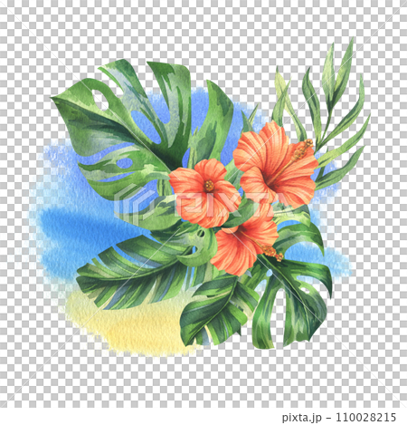 Tropical palm leaves, monstera and flowers of red hibiscus, bright juicy. Hand drawn watercolor botanical illustration. Isolated composition on a white background. Tropical palm leaves, monstera and flowers of red hibiscus, bright juicy. Hand drawn watercolor botanical illustration. Isolated composition on a white background. 110028215