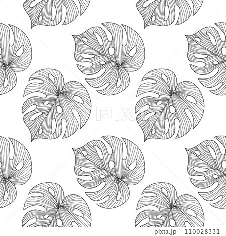 Seamless pattern with line art tropical leaves of monstera. Gray and white design. Print, textile, pattern, vector 110028331