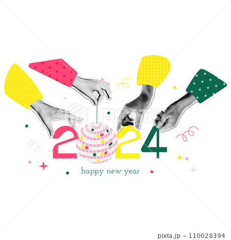 Trendy 2024 New Year banner design in mixed media collage style. Halftone Hands holding numbers and mirror ball. Winter Holiday celebration concept. Vector illustration for poster or greeting card 110028394