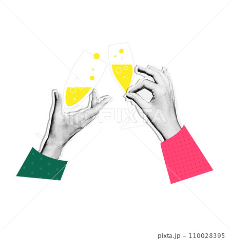 2024 New Year glasses of champagne and fireworks. Elegant vintage banner template. Vector illustration in halftone collage style 110028395