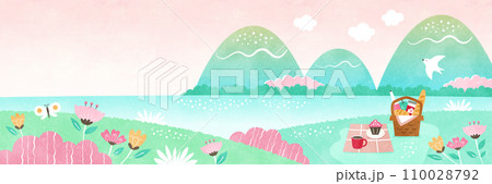 春のピクニックの背景イラスト 花や山に囲まれた自然の水彩風景 110028792