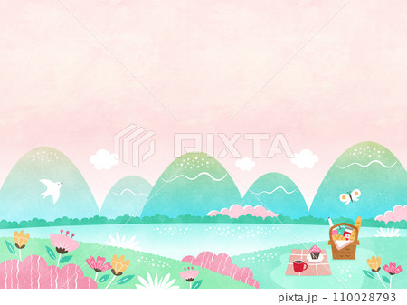 春のピクニックの背景イラスト 花や山に囲まれた自然の水彩風景 110028793