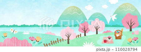 春のお花見の背景イラスト 桜と自然の草花に囲まれた水彩風景 110028794