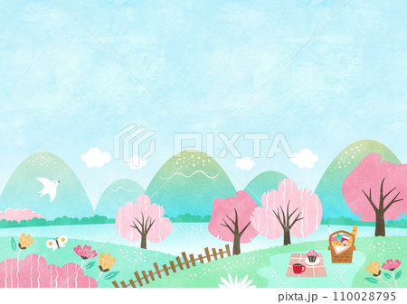 春のお花見の背景イラスト 桜と自然の草花に囲まれた水彩風景 110028795