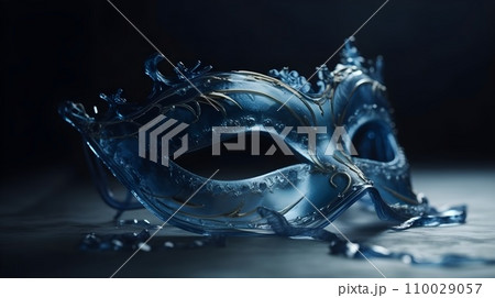A blue half face semi transparent carnival mask festival high detail beautiful with dark studio background for concept and commercial used. 110029057