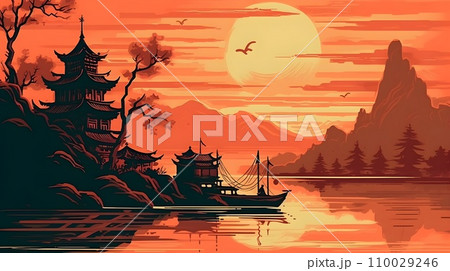 Illustration of Chinese or Japanese nature landscape sunset with mountain and lake background, orange and black artistic art, good for canvas print. 110029246
