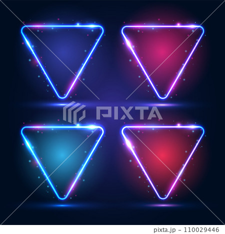 Triangular neon frames with shining effects, highlights and inscriptions on a dark background. Triangular neon frames with shining effects, highlights and inscriptions on a dark background. 110029446
