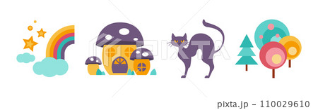 Fairytale Magic Flat Icon Design with Rainbow, Mushroom, Cat and Tree Vector Set Fairytale Magic Flat Icon Design with Rainbow, Mushroom, Cat and Tree Vector Set 110029610