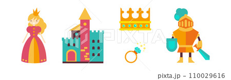 Fairytale Magic Flat Icon Design with Castle, Princess, Ring and Knight Vector Set Fairytale Magic Flat Icon Design with Castle, Princess, Ring and Knight Vector Set 110029616