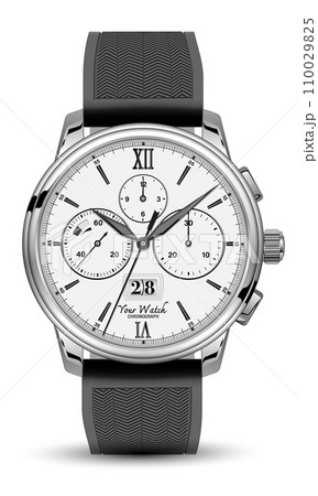 Realistic watch clock chronograph face silver dark grey rubber strap on white design classic luxury vector Realistic watch clock chronograph face silver dark grey rubber strap on white design classic luxury vector 110029825