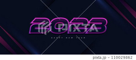 Happy New Year 2023 Banner with Futuristic Concept and Colorful Neon Effect. 2023 New Year Design Templates for Celebration, Background, Banner, Cover, Card, and Social Media Template 110029862
