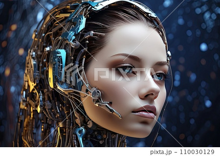 Modern female robot in an artificial intelligence image with wires and circuits on a digital background. AI generated 110030129