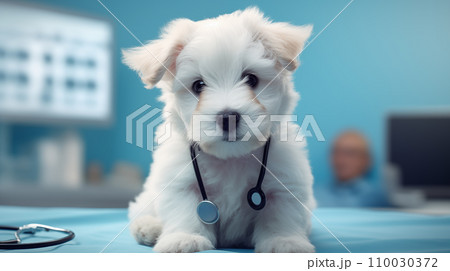 A cute white longhair puppy is waiting to be treated on an examination table in an animal hospital. A close-up realistic picture of a pet in a healthcare center. Generative AI. 110030372