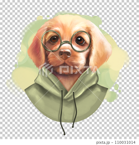 Cute dog illustration. Puppy in green hoody 110031014