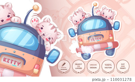 Sticker cartoon character adorable cat travel car, pretty animal idea for print t-shirt, poster and kids envelope, postcard. Cute hand drawn style kitty. Vector eps 10 Sticker cartoon character adorable cat travel car, pretty animal idea for print t-shirt, poster and kids envelope, postcard. Cute hand drawn style kitty. Vector eps 10 110031278
