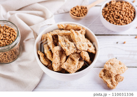 Alternative protein dry soy meat in a bowl on the table 110031336