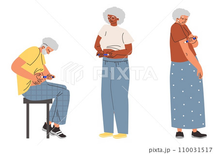 People with diabetes doing self injection, vector illustrations set isolated. 110031517