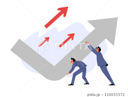 Crisis management vector concept, businessmen change business strategy direction pushing upward financial chart arrow Crisis management vector concept, businessmen change business strategy direction pushing upward financial chart arrow 110031572